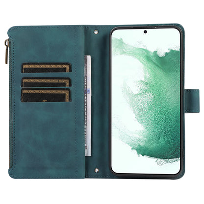 Leather Phone Case for Samsung Galaxy S22+ 5G 9 Card Slots Zipper Pocket Rhombus Imprint Stand Wallet Cover