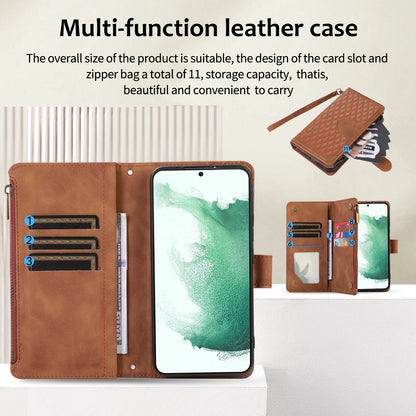 Leather Phone Case for Samsung Galaxy S22+ 5G 9 Card Slots Zipper Pocket Rhombus Imprint Stand Wallet Cover