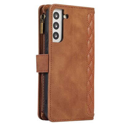 Leather Phone Case for Samsung Galaxy S22+ 5G 9 Card Slots Zipper Pocket Rhombus Imprint Stand Wallet Cover