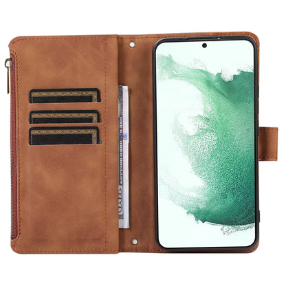 Leather Phone Case for Samsung Galaxy S22+ 5G 9 Card Slots Zipper Pocket Rhombus Imprint Stand Wallet Cover