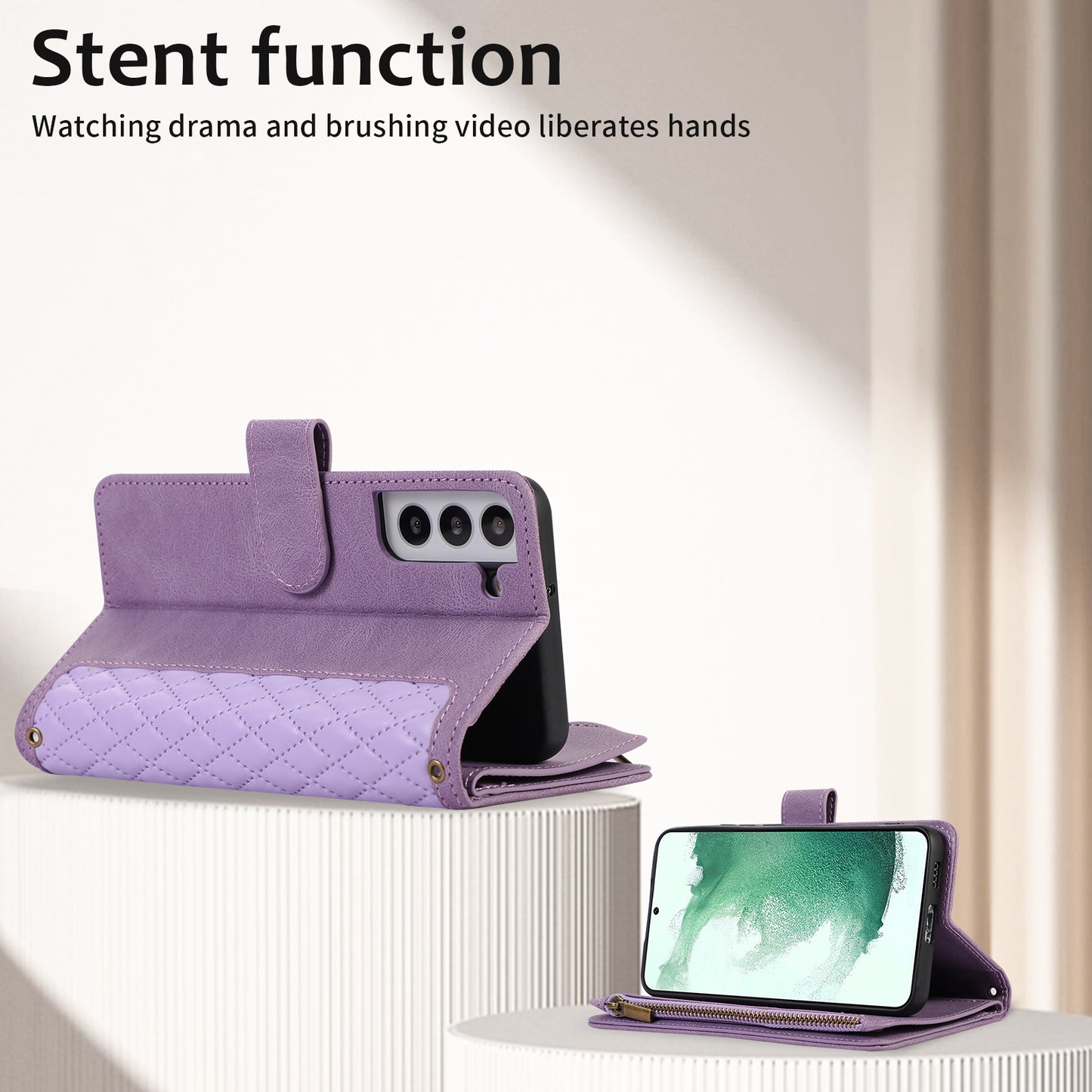 Leather Phone Case for Samsung Galaxy S22+ 5G 9 Card Slots Zipper Pocket Rhombus Imprint Stand Wallet Cover