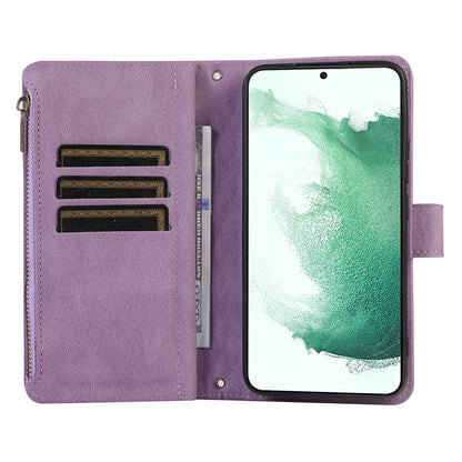 Leather Phone Case for Samsung Galaxy S22+ 5G 9 Card Slots Zipper Pocket Rhombus Imprint Stand Wallet Cover