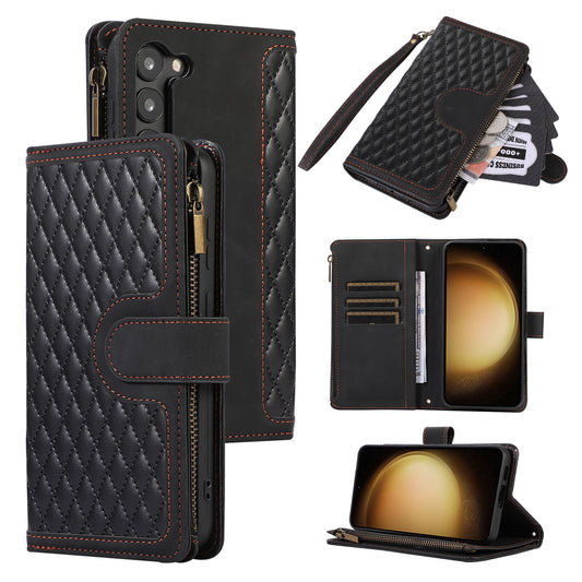 Leather Phone Case for Samsung Galaxy S23 Zipper Pocket Rhombus Imprint Stand Wallet Cover with 9 Card Slots
