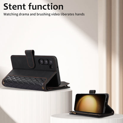 Leather Phone Case for Samsung Galaxy S23 Zipper Pocket Rhombus Imprint Stand Wallet Cover with 9 Card Slots