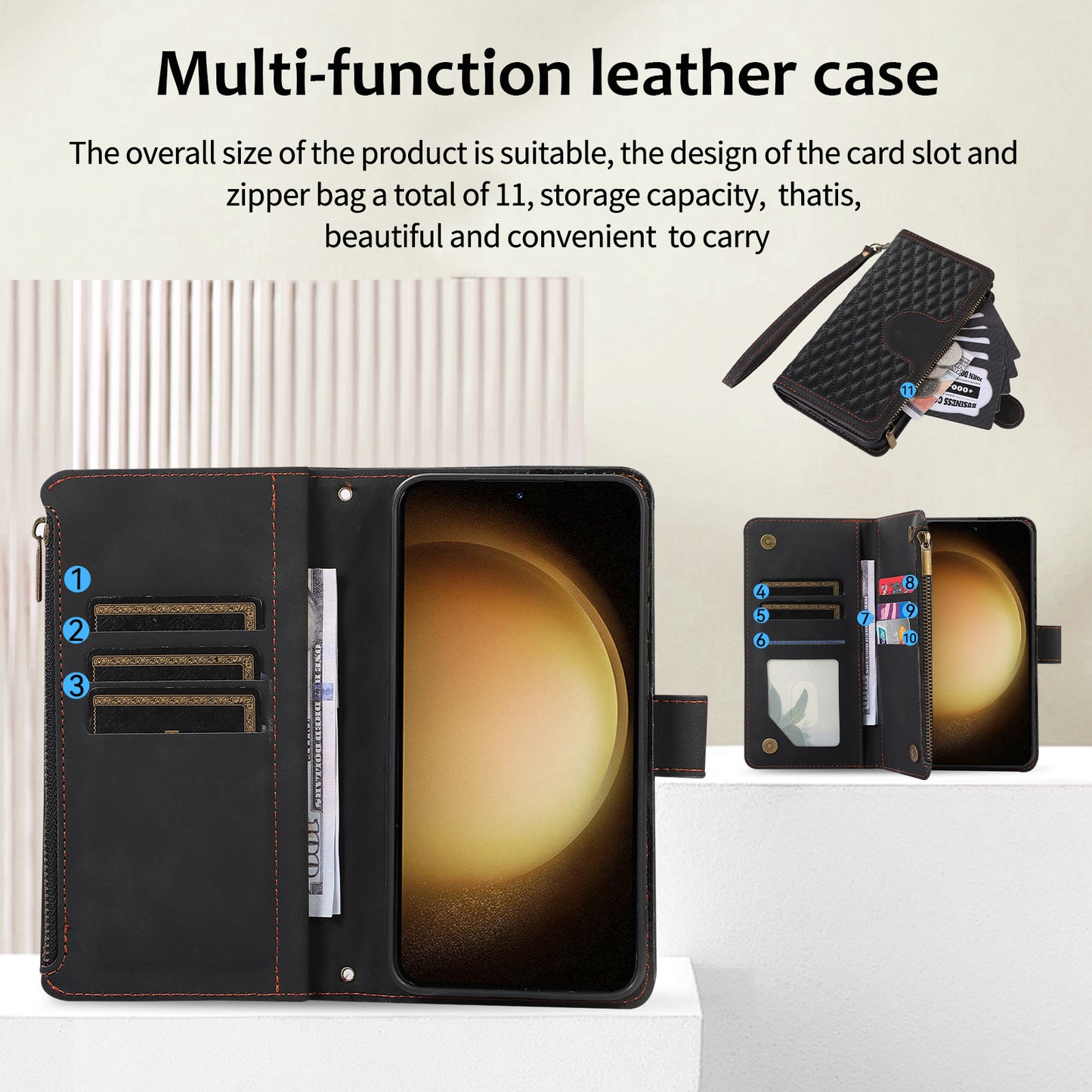 Leather Phone Case for Samsung Galaxy S23 Zipper Pocket Rhombus Imprint Stand Wallet Cover with 9 Card Slots