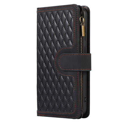 Leather Phone Case for Samsung Galaxy S23 Zipper Pocket Rhombus Imprint Stand Wallet Cover with 9 Card Slots