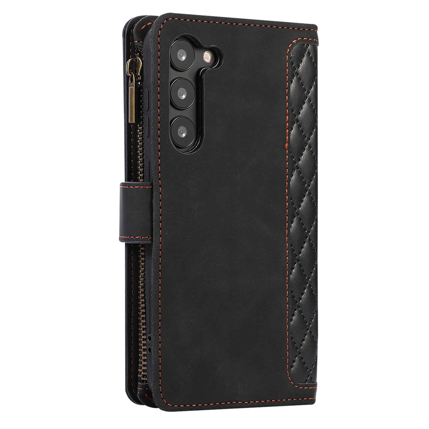 Leather Phone Case for Samsung Galaxy S23 Zipper Pocket Rhombus Imprint Stand Wallet Cover with 9 Card Slots