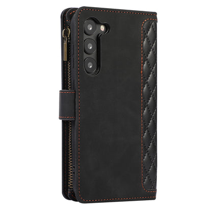 Leather Phone Case for Samsung Galaxy S23 Zipper Pocket Rhombus Imprint Stand Wallet Cover with 9 Card Slots