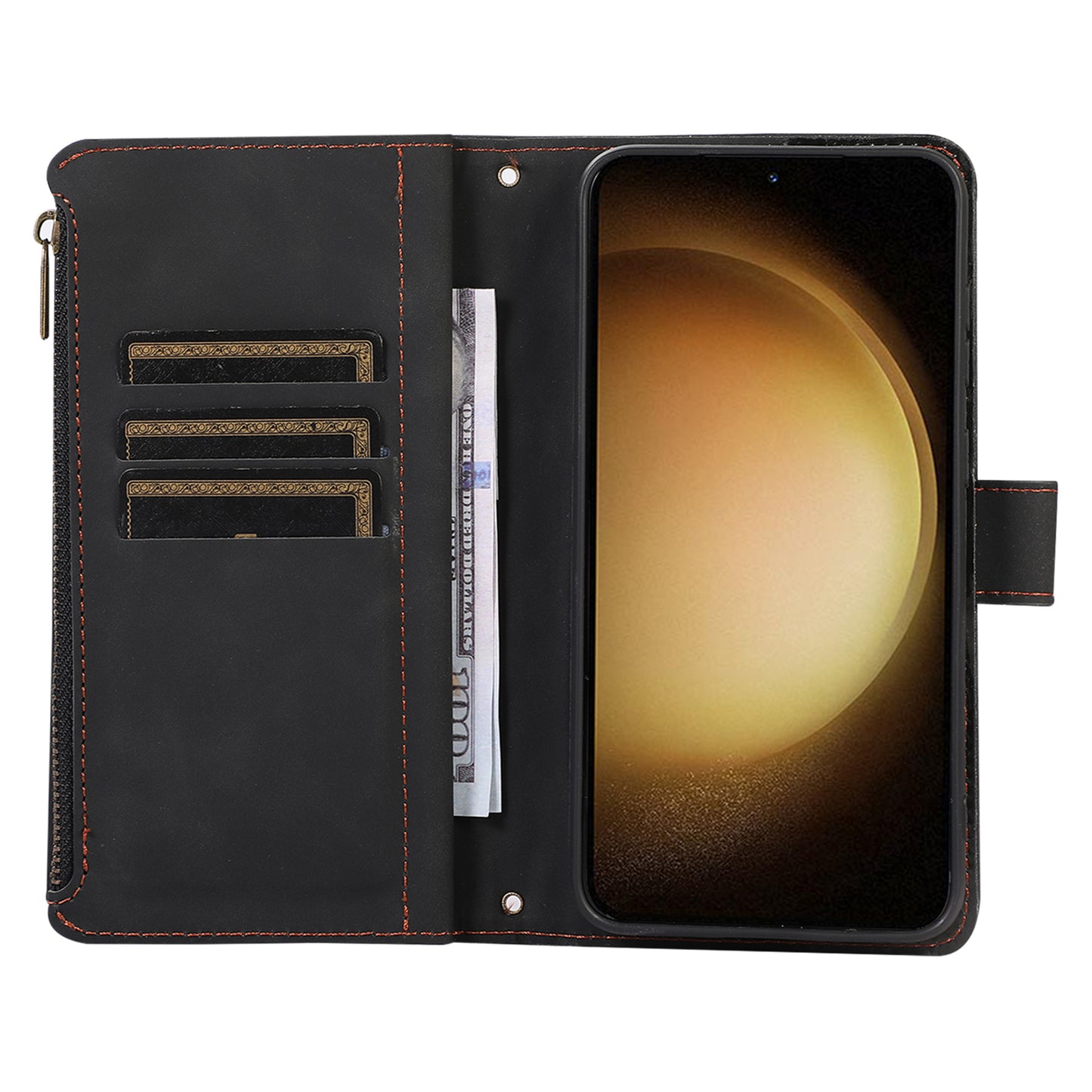 Leather Phone Case for Samsung Galaxy S23 Zipper Pocket Rhombus Imprint Stand Wallet Cover with 9 Card Slots