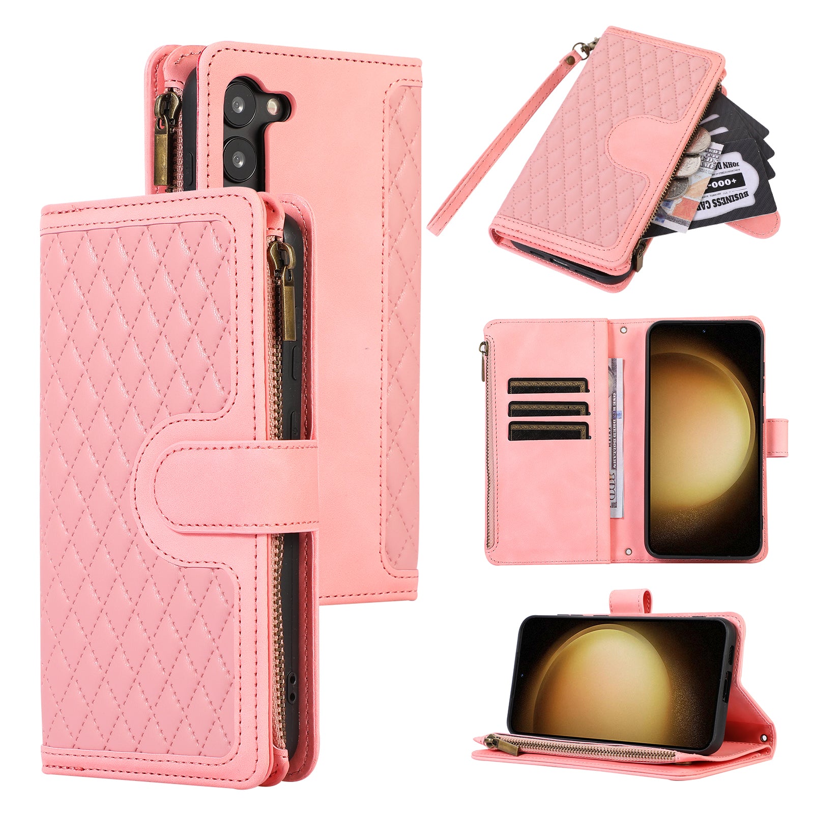 Leather Phone Case for Samsung Galaxy S23 Zipper Pocket Rhombus Imprint Stand Wallet Cover with 9 Card Slots