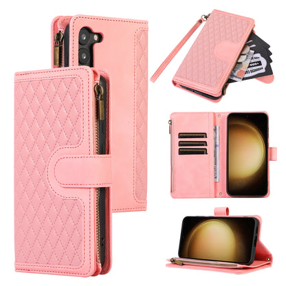 Leather Phone Case for Samsung Galaxy S23 Zipper Pocket Rhombus Imprint Stand Wallet Cover with 9 Card Slots