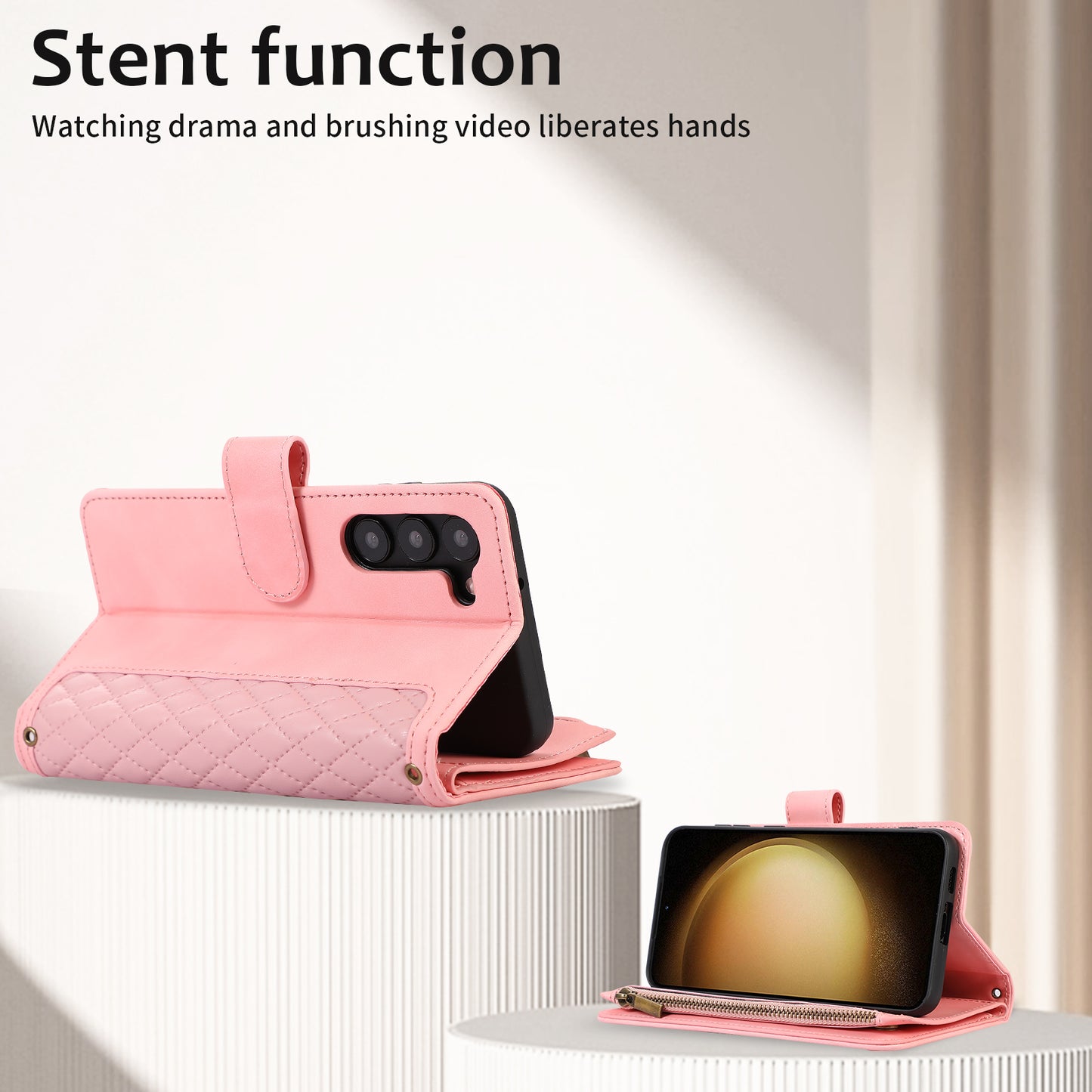 Leather Phone Case for Samsung Galaxy S23 Zipper Pocket Rhombus Imprint Stand Wallet Cover with 9 Card Slots