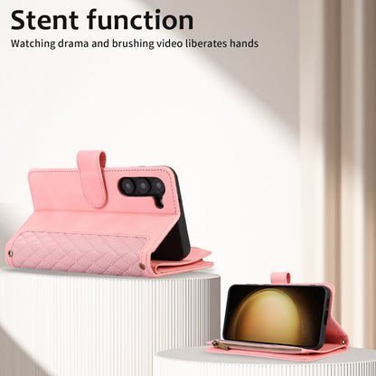 Leather Phone Case for Samsung Galaxy S23 Zipper Pocket Rhombus Imprint Stand Wallet Cover with 9 Card Slots