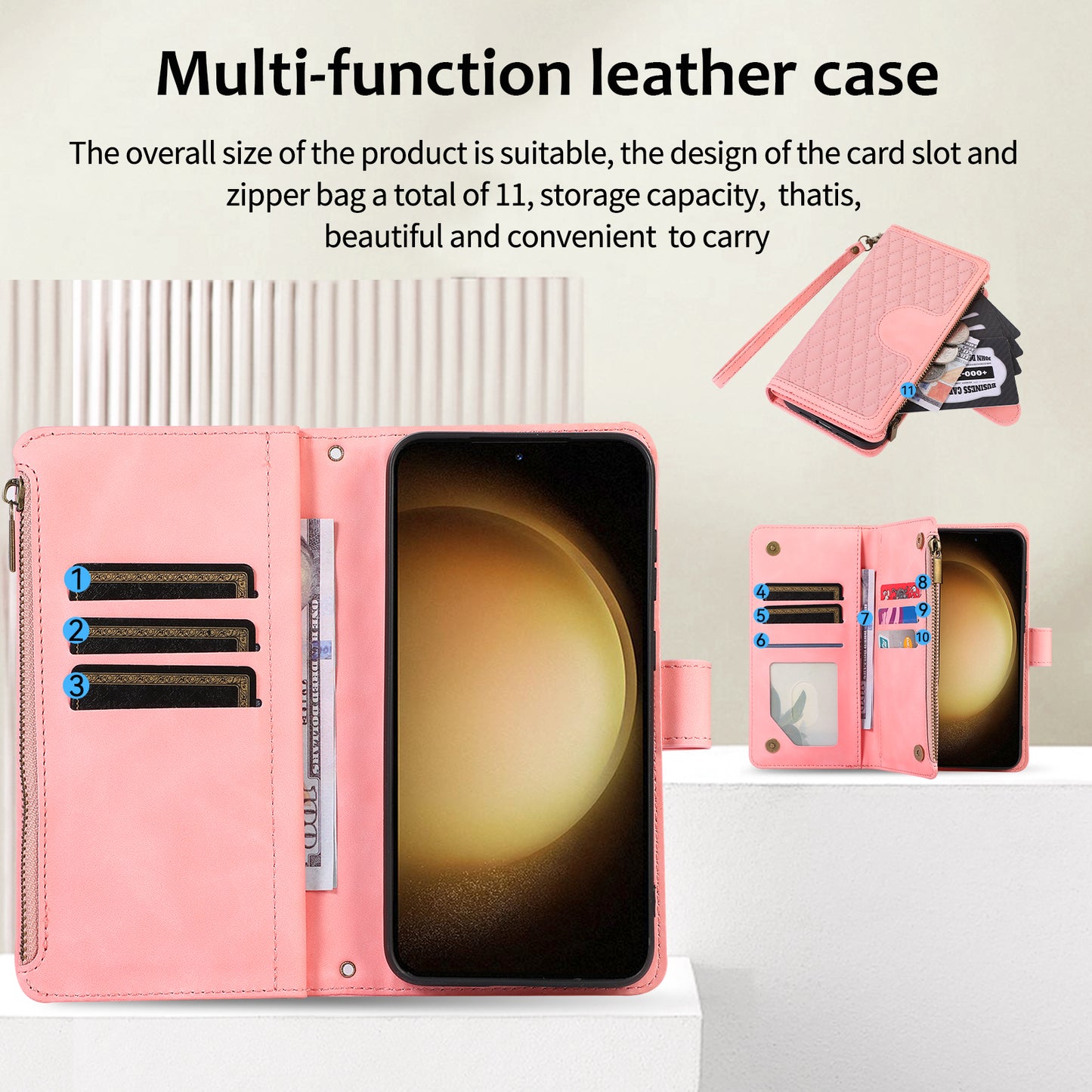 Leather Phone Case for Samsung Galaxy S23 Zipper Pocket Rhombus Imprint Stand Wallet Cover with 9 Card Slots