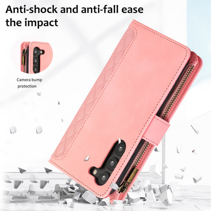 Leather Phone Case for Samsung Galaxy S23 Zipper Pocket Rhombus Imprint Stand Wallet Cover with 9 Card Slots