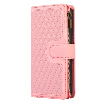 Leather Phone Case for Samsung Galaxy S23 Zipper Pocket Rhombus Imprint Stand Wallet Cover with 9 Card Slots