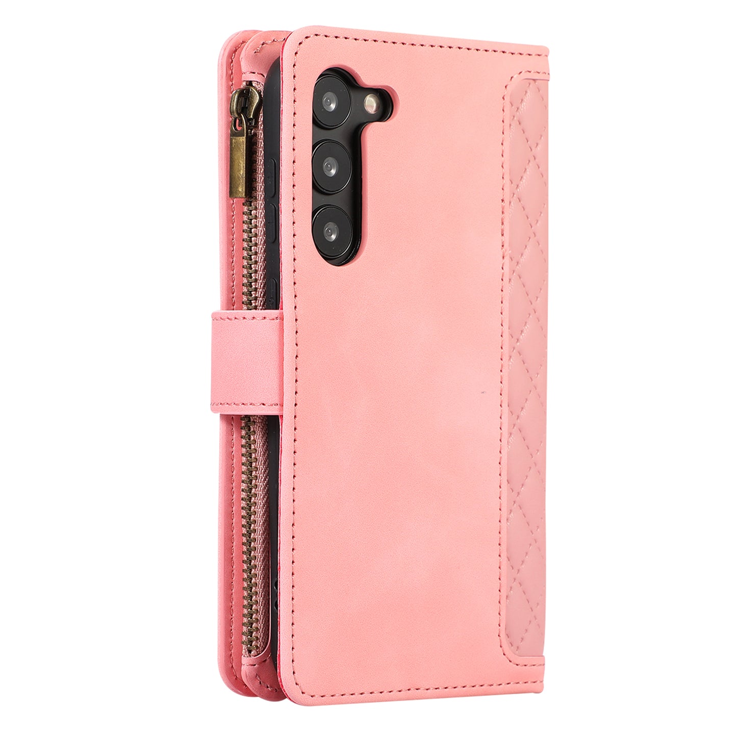 Leather Phone Case for Samsung Galaxy S23 Zipper Pocket Rhombus Imprint Stand Wallet Cover with 9 Card Slots