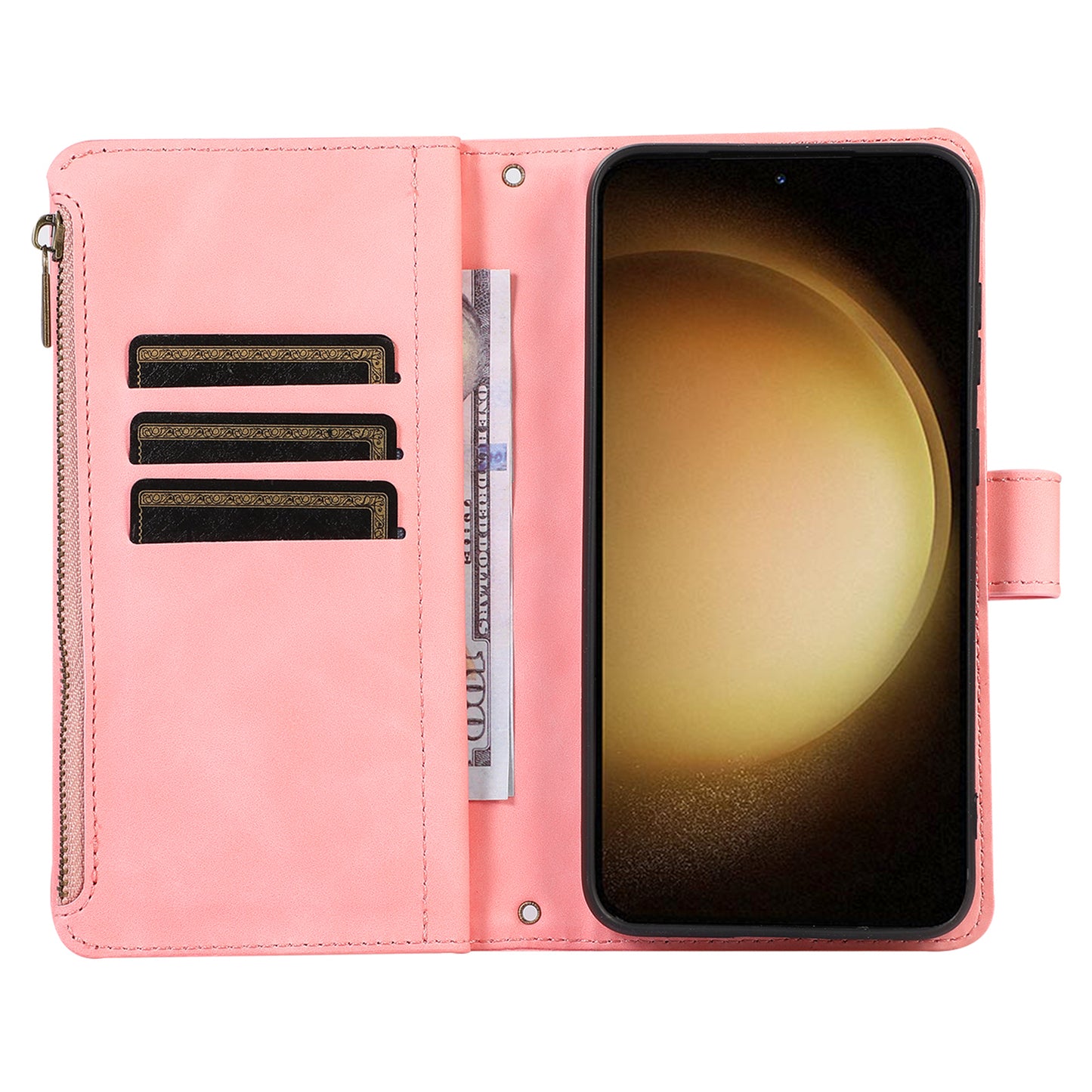 Leather Phone Case for Samsung Galaxy S23 Zipper Pocket Rhombus Imprint Stand Wallet Cover with 9 Card Slots