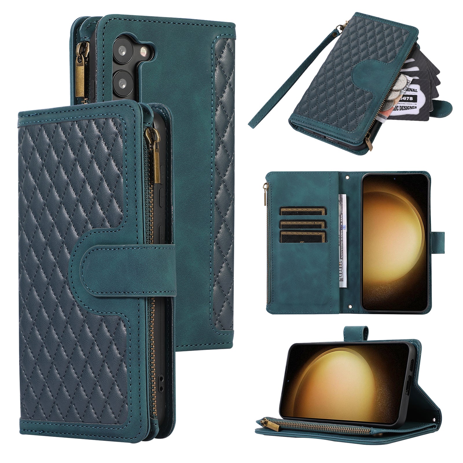 Leather Phone Case for Samsung Galaxy S23 Zipper Pocket Rhombus Imprint Stand Wallet Cover with 9 Card Slots