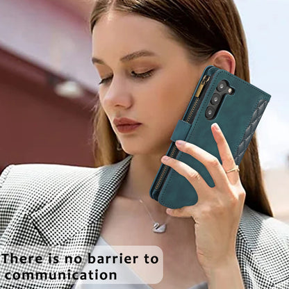 Leather Phone Case for Samsung Galaxy S23 Zipper Pocket Rhombus Imprint Stand Wallet Cover with 9 Card Slots