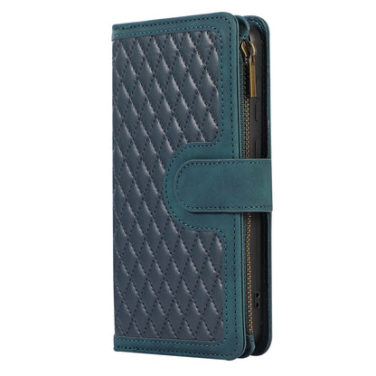 Leather Phone Case for Samsung Galaxy S23 Zipper Pocket Rhombus Imprint Stand Wallet Cover with 9 Card Slots