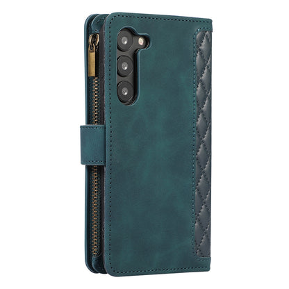 Leather Phone Case for Samsung Galaxy S23 Zipper Pocket Rhombus Imprint Stand Wallet Cover with 9 Card Slots