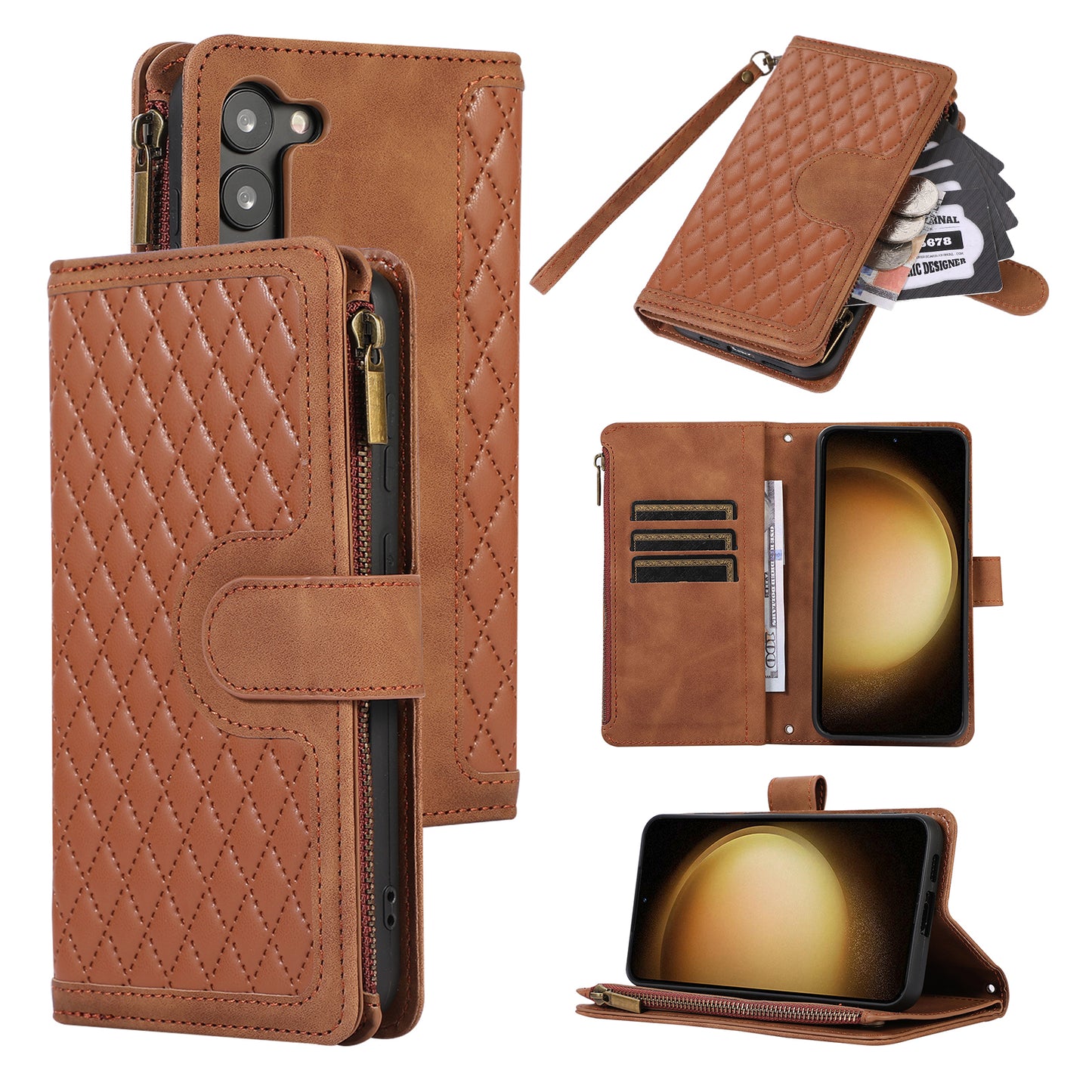 Leather Phone Case for Samsung Galaxy S23 Zipper Pocket Rhombus Imprint Stand Wallet Cover with 9 Card Slots