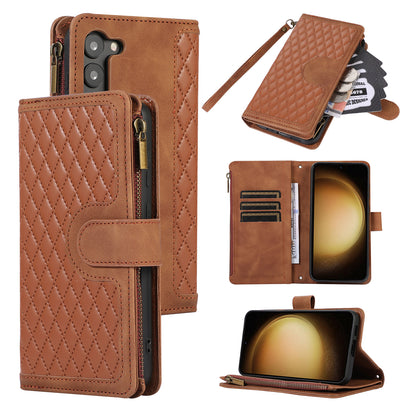 Leather Phone Case for Samsung Galaxy S23 Zipper Pocket Rhombus Imprint Stand Wallet Cover with 9 Card Slots