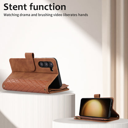 Leather Phone Case for Samsung Galaxy S23 Zipper Pocket Rhombus Imprint Stand Wallet Cover with 9 Card Slots