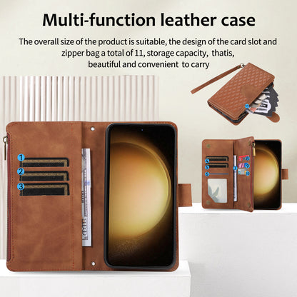 Leather Phone Case for Samsung Galaxy S23 Zipper Pocket Rhombus Imprint Stand Wallet Cover with 9 Card Slots