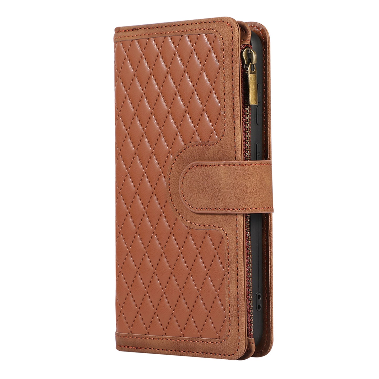 Leather Phone Case for Samsung Galaxy S23 Zipper Pocket Rhombus Imprint Stand Wallet Cover with 9 Card Slots