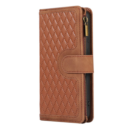 Leather Phone Case for Samsung Galaxy S23 Zipper Pocket Rhombus Imprint Stand Wallet Cover with 9 Card Slots