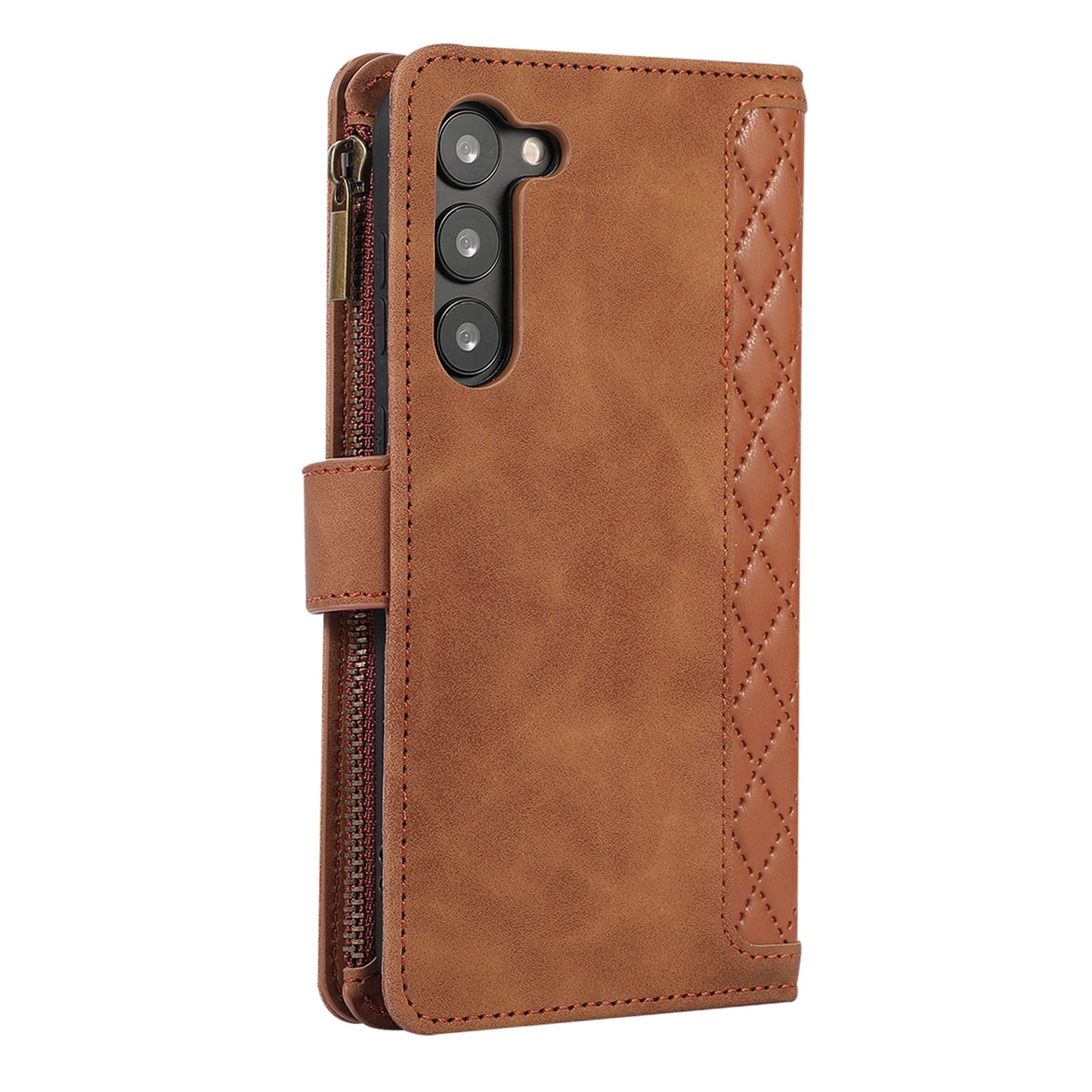 Leather Phone Case for Samsung Galaxy S23 Zipper Pocket Rhombus Imprint Stand Wallet Cover with 9 Card Slots