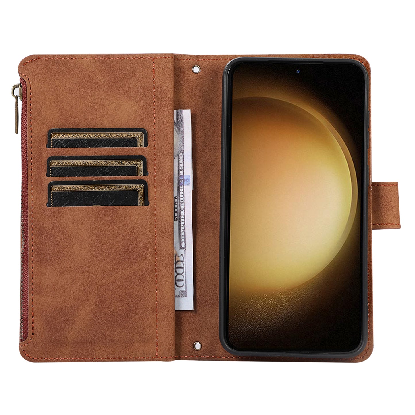 Leather Phone Case for Samsung Galaxy S23 Zipper Pocket Rhombus Imprint Stand Wallet Cover with 9 Card Slots