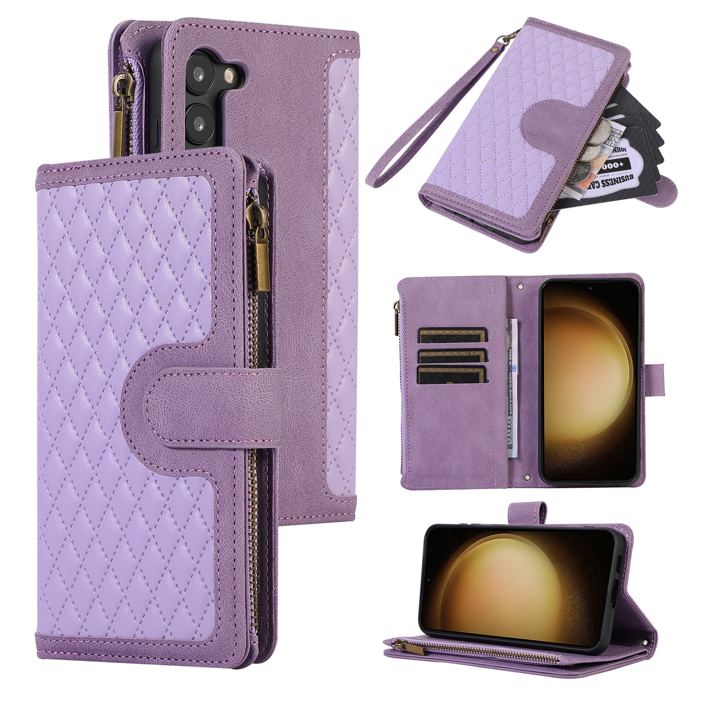 Leather Phone Case for Samsung Galaxy S23 Zipper Pocket Rhombus Imprint Stand Wallet Cover with 9 Card Slots