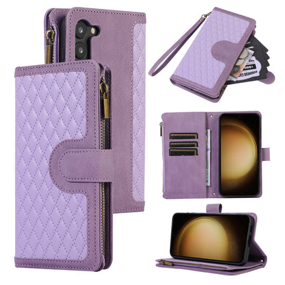 Leather Phone Case for Samsung Galaxy S23 Zipper Pocket Rhombus Imprint Stand Wallet Cover with 9 Card Slots