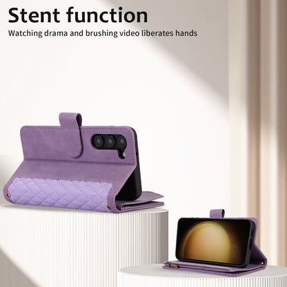 Leather Phone Case for Samsung Galaxy S23 Zipper Pocket Rhombus Imprint Stand Wallet Cover with 9 Card Slots