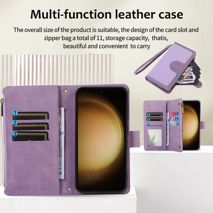 Leather Phone Case for Samsung Galaxy S23 Zipper Pocket Rhombus Imprint Stand Wallet Cover with 9 Card Slots