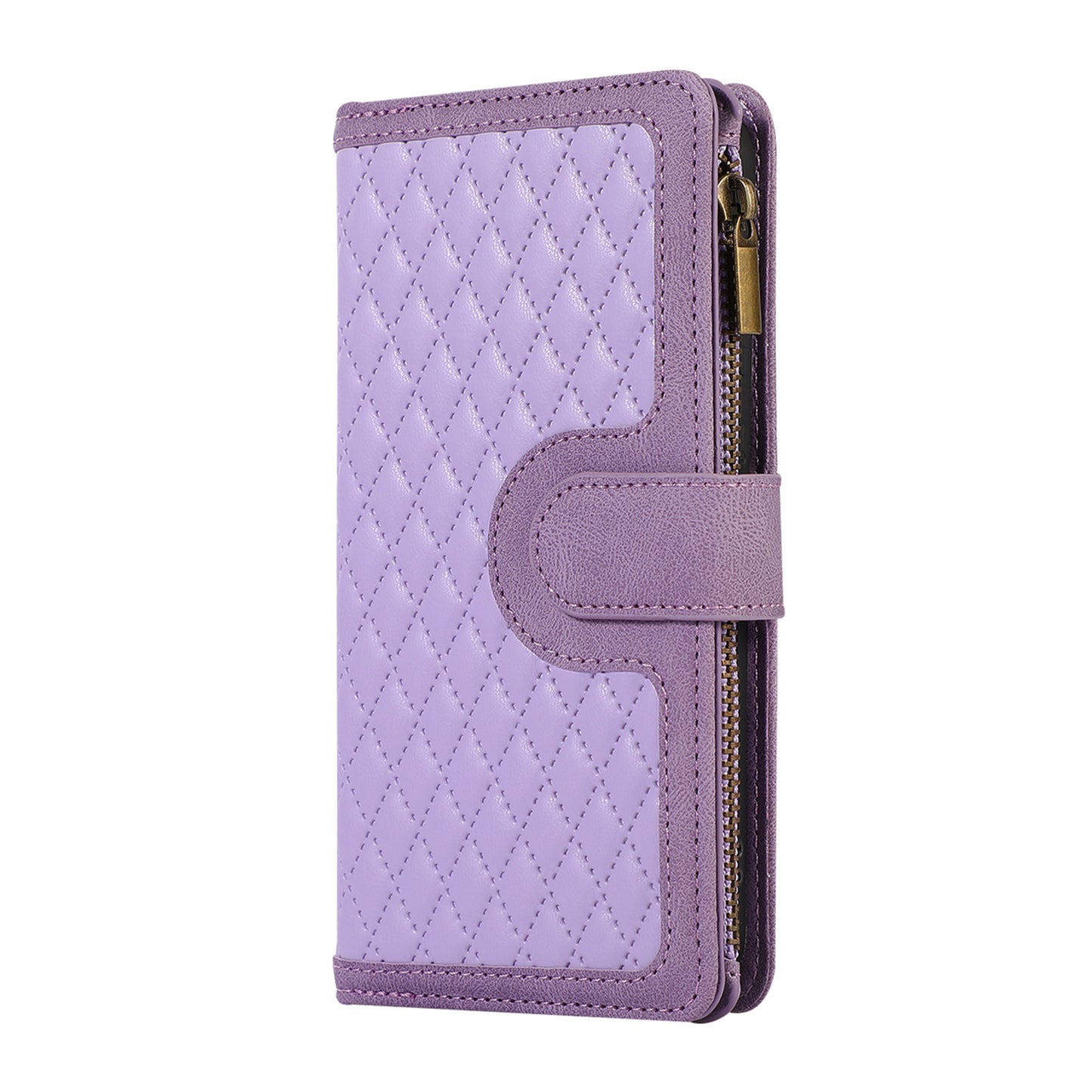 Leather Phone Case for Samsung Galaxy S23 Zipper Pocket Rhombus Imprint Stand Wallet Cover with 9 Card Slots