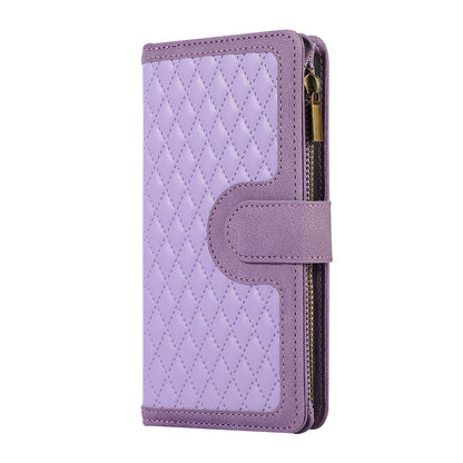 Leather Phone Case for Samsung Galaxy S23 Zipper Pocket Rhombus Imprint Stand Wallet Cover with 9 Card Slots