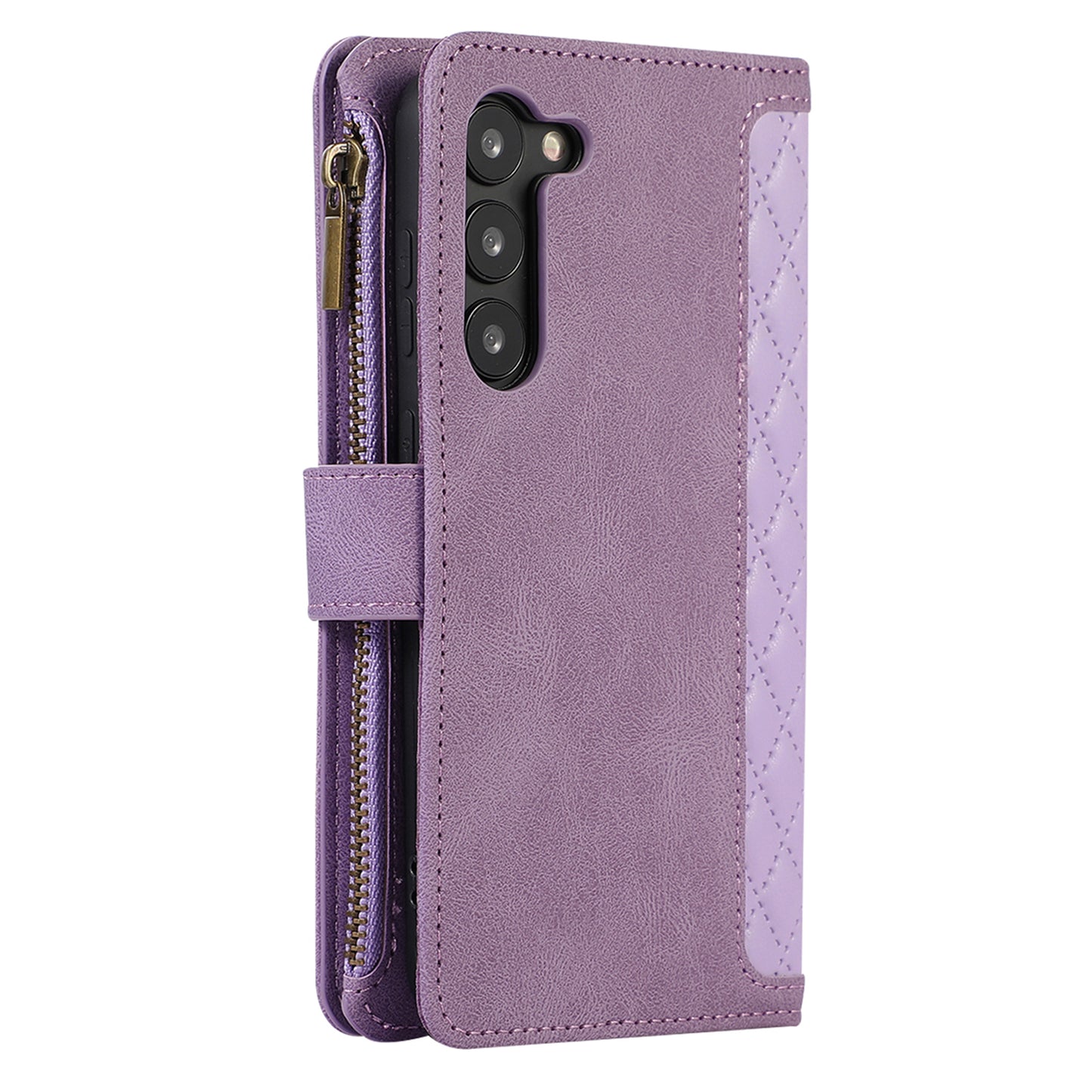 Leather Phone Case for Samsung Galaxy S23 Zipper Pocket Rhombus Imprint Stand Wallet Cover with 9 Card Slots