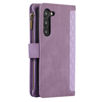 Leather Phone Case for Samsung Galaxy S23 Zipper Pocket Rhombus Imprint Stand Wallet Cover with 9 Card Slots