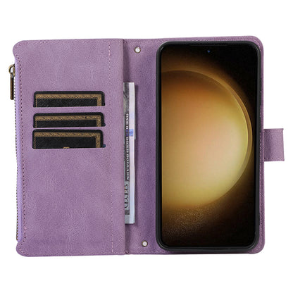 Leather Phone Case for Samsung Galaxy S23 Zipper Pocket Rhombus Imprint Stand Wallet Cover with 9 Card Slots