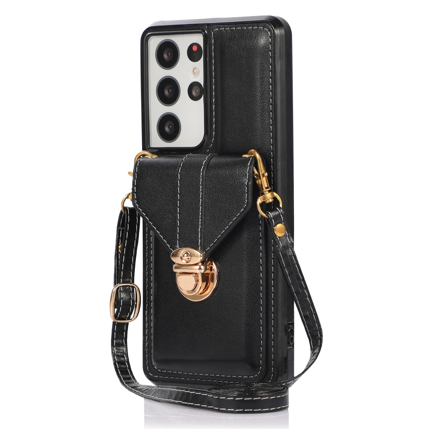 Phone Cover for Samsung Galaxy S22 Ultra 5G Card Holder Kickstand PU Leather+TPU Case with Shoulder Strap