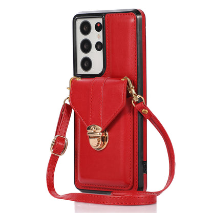 Phone Cover for Samsung Galaxy S22 Ultra 5G Card Holder Kickstand PU Leather+TPU Case with Shoulder Strap