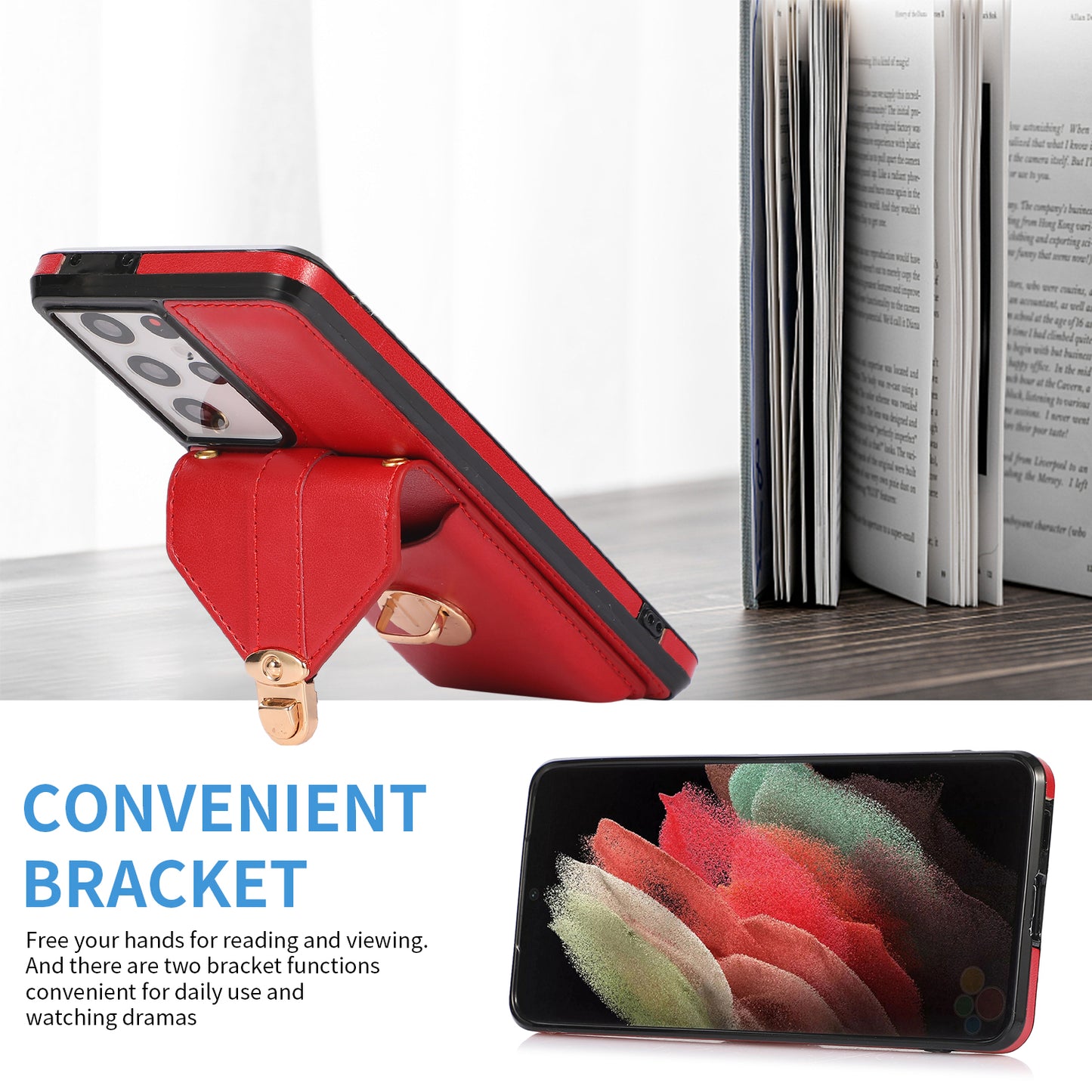 Phone Cover for Samsung Galaxy S22 Ultra 5G Card Holder Kickstand PU Leather+TPU Case with Shoulder Strap