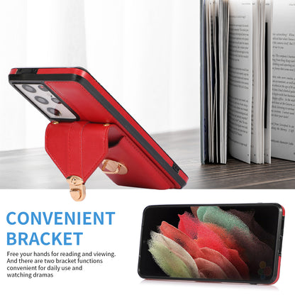 Phone Cover for Samsung Galaxy S22 Ultra 5G Card Holder Kickstand PU Leather+TPU Case with Shoulder Strap