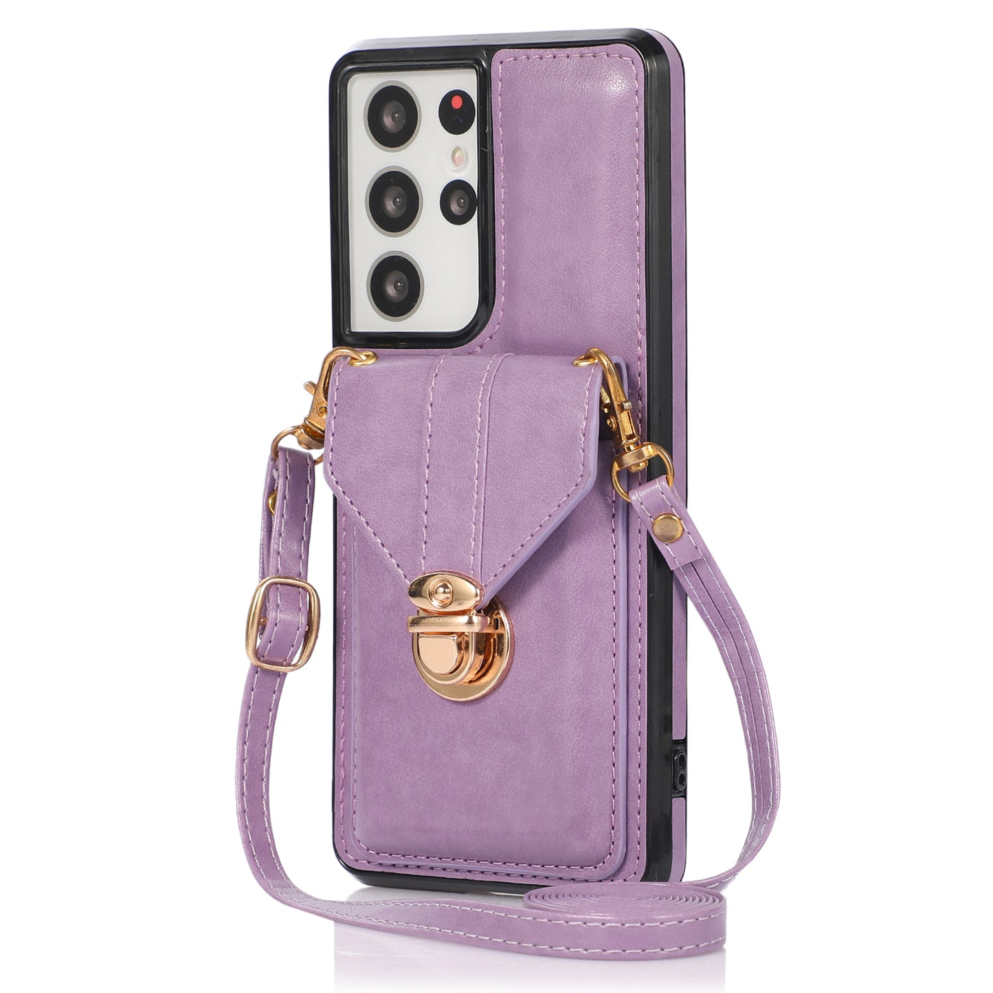 Phone Cover for Samsung Galaxy S22 Ultra 5G Card Holder Kickstand PU Leather+TPU Case with Shoulder Strap