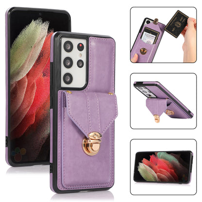 Phone Cover for Samsung Galaxy S22 Ultra 5G Card Holder Kickstand PU Leather+TPU Case with Shoulder Strap