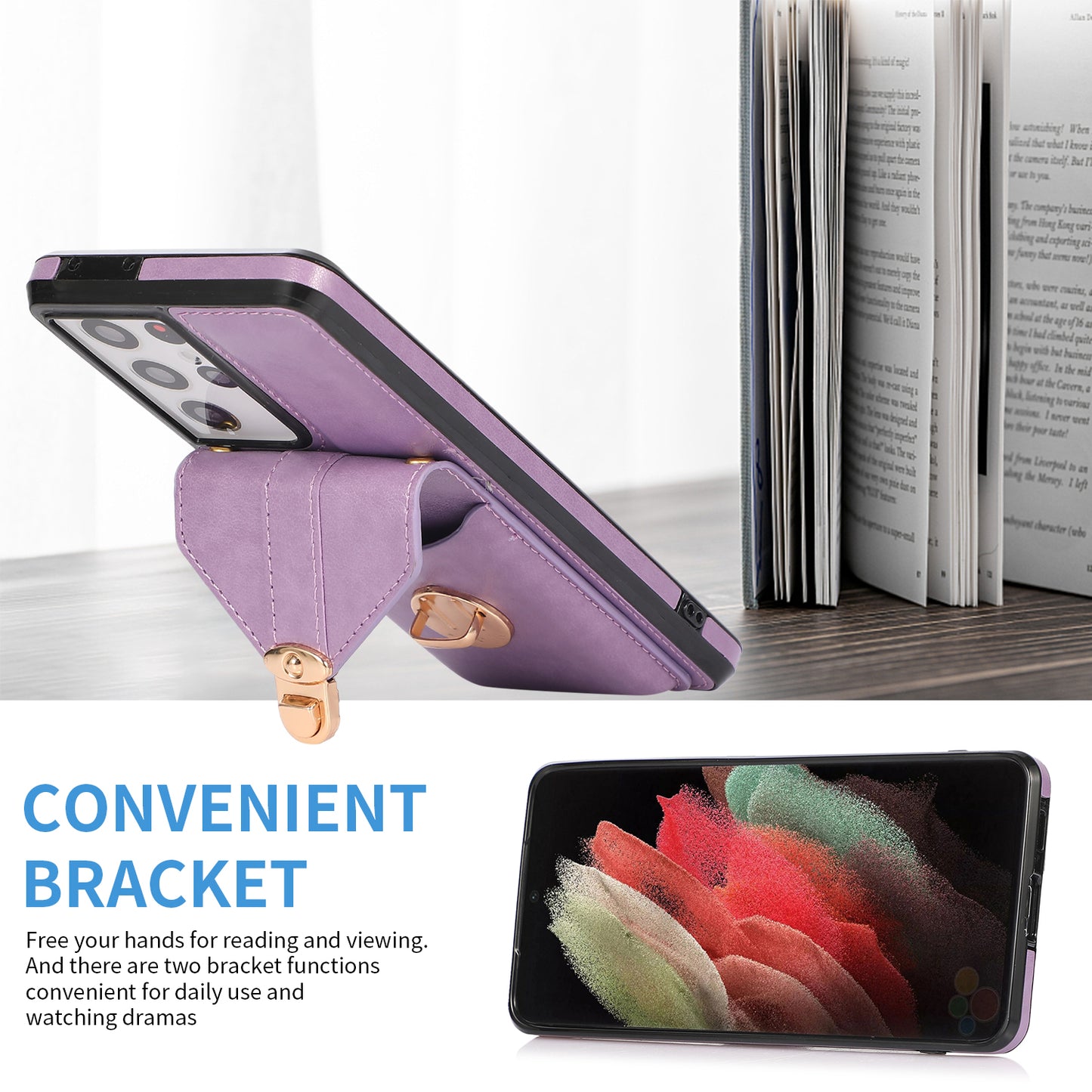 Phone Cover for Samsung Galaxy S22 Ultra 5G Card Holder Kickstand PU Leather+TPU Case with Shoulder Strap